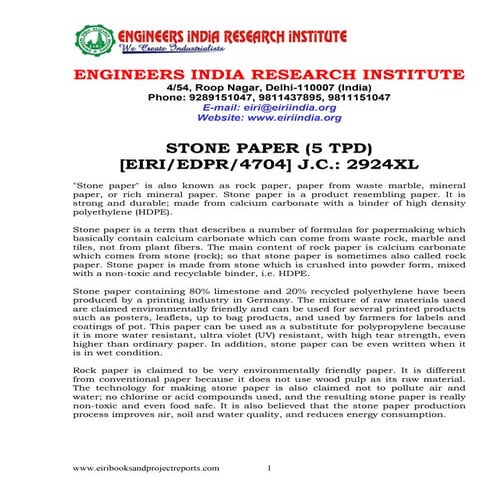 Detailed Project Report on STONE PAPER (5 TPD) | PDF