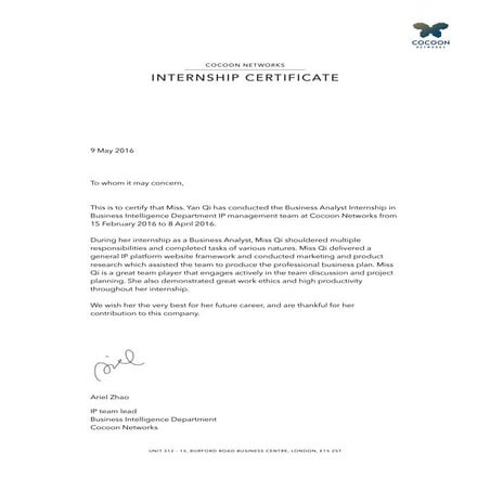 London internship  reference letter