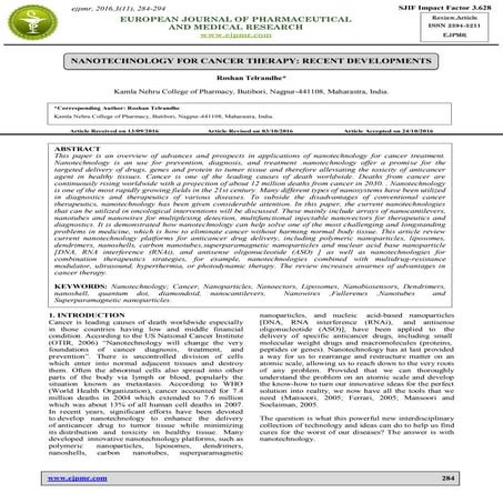 NANOTECHNOLOGY FOR CANCER THERAPY RECENT DEVELOPMENTS | PDF