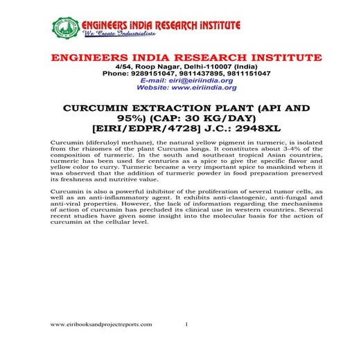 Detailed Project Report on CURCUMIN EXTRACTION PLANT (API AND 95%) (CAP: 30 K...