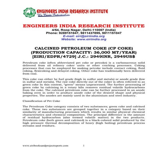 Detailed Project Report on CALCINED PETROLEUM COKE (CP COKE) (PRODUCTION CAPA...
