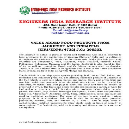Detailed Project Report on VALUE ADDED FOOD PRODUCTS FROM JACKFRUIT AND ...