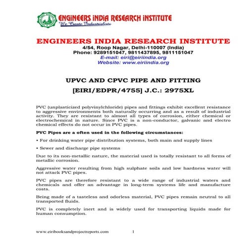 Detailed Project Report on UPVC AND CPVC PIPE AND FITTING