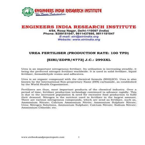 Detailed Project Report on UREA FERTILISER (PRODUCTION RATE: 100 TPD)