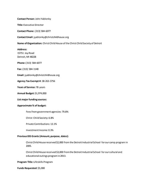 Detroit Industrial School Application for Financial Assistance