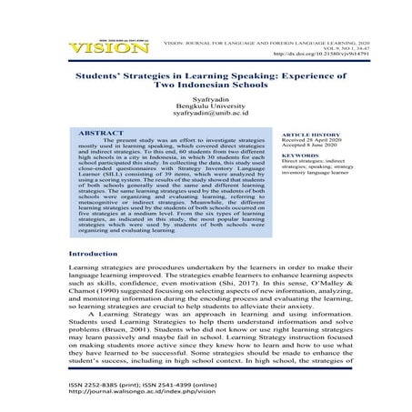 Students’ Strategies in Learning Speaking: Experience of Two Indonesian Schools