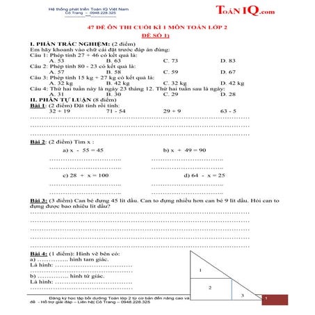 47 ĐỀ ÔN THI HỌC KÌ 1 - TOÁN LỚP 2