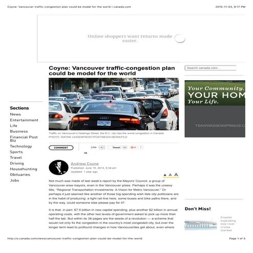 Coyne Vancouver traffic-congestion plan could be model for the world