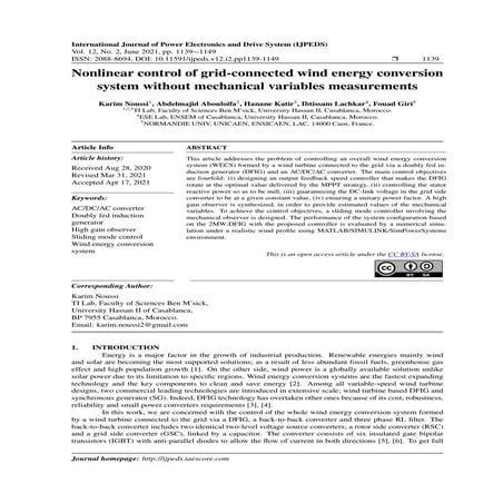 Nonlinear control of grid-connected wind energy conversion system without mec...