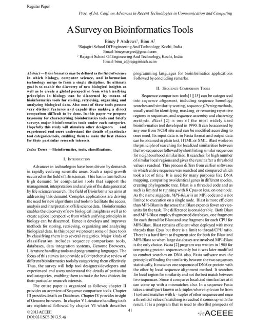 A Survey on Bioinformatics Tools