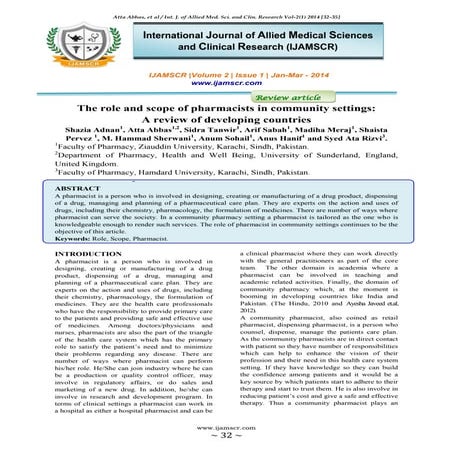 The Role And Scope Of Pharmacists In Community Settings A Review Of