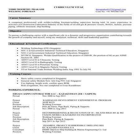 Prakesh Welding Foreman CV