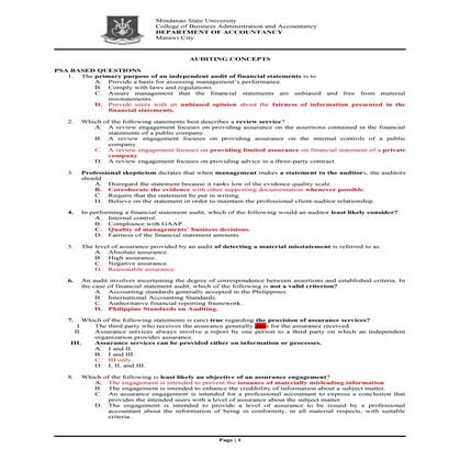 Comprehensive Auditing Concepts and PSA-Based Questions for Accountancy ...