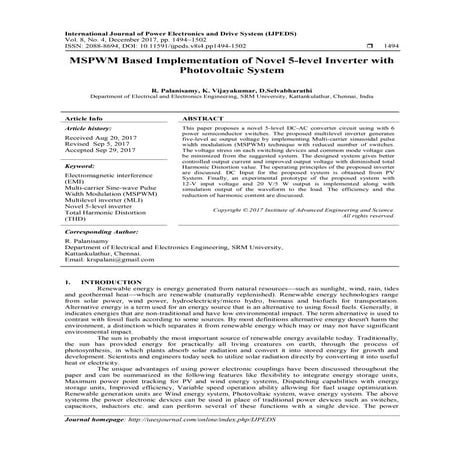 MSPWM Based Implementation of Novel 5-level Inverter with Photovoltaic System