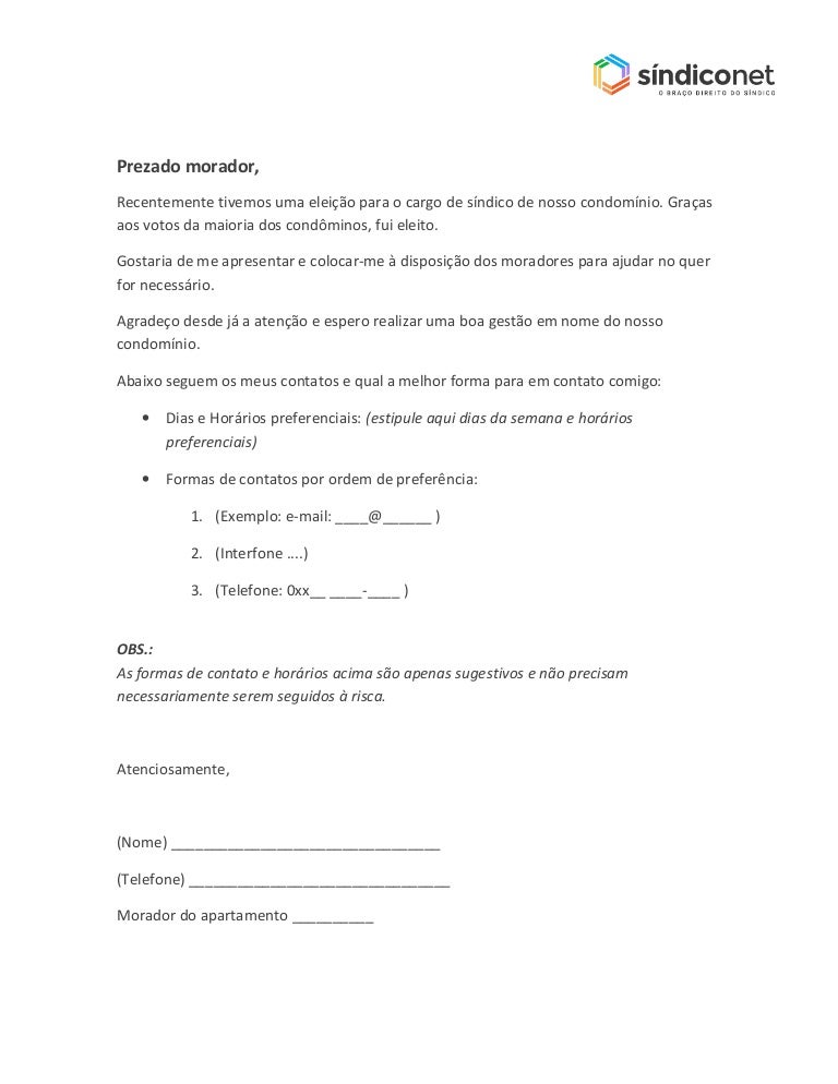 Carta De Apresentação De Sindico