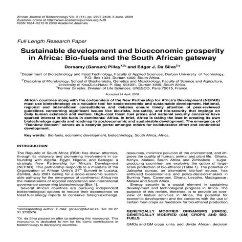Sustainable Development and Bioeconomic Prosperity in Africa  