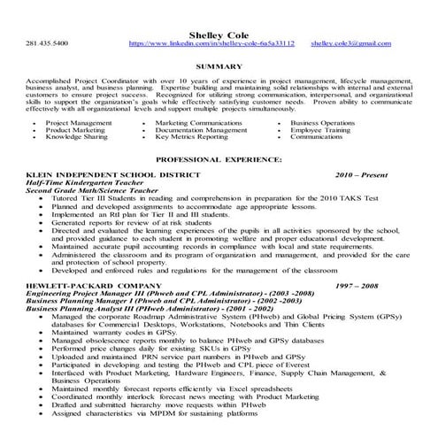 Shelley Cole resume 2016