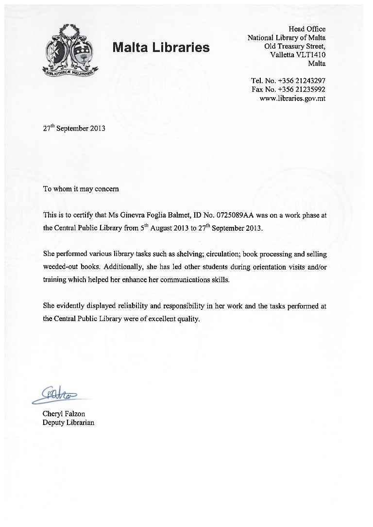 Public Library Reference Letter