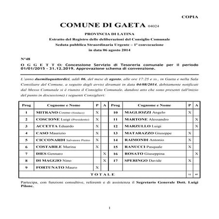 Gaeta 48 concessione servizio tesoreria comunale 2015.2019. approvazione sche...