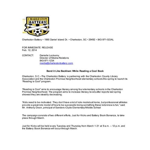 Charleston Battery Press Relaease - Writing Sample