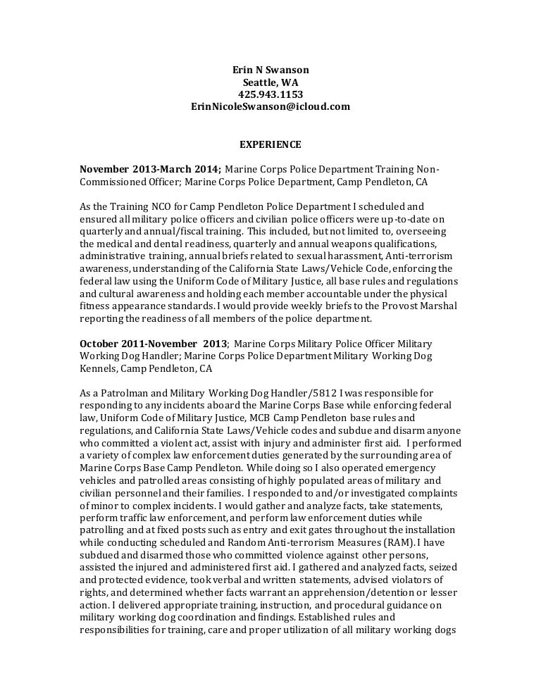 Erin Swanson Marine Corps Resume