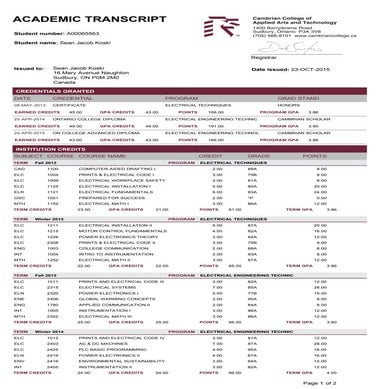 Sean Koski - College Transcript | PDF