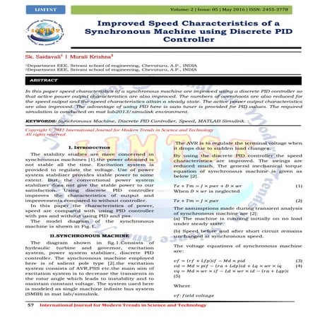 Improved Speed Characteristics of a Synchronous Machine using Discrete PID Co...
