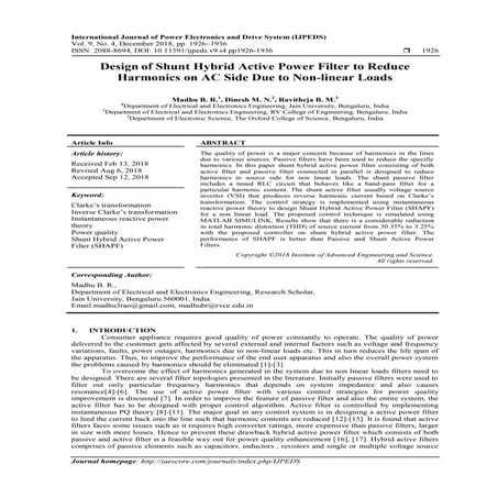 Design of Shunt Hybrid Active Power Filter to Reduce Harmonics on AC Side Due...