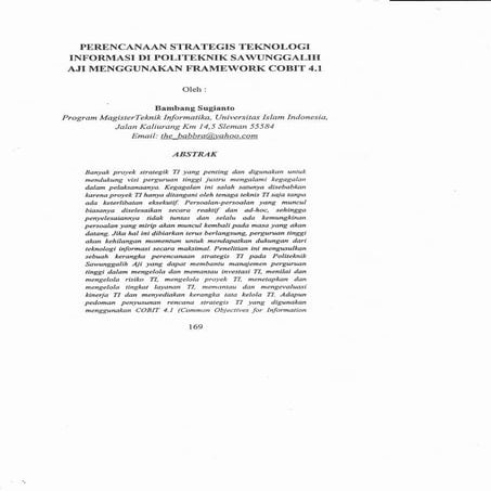 Perencanaan Strategis Teknologi Informasi di Politeknik Sawunggalih Aji Menggunakan Framework COBIT 4.1