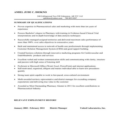 Jude Diokno Resume Sales Representative