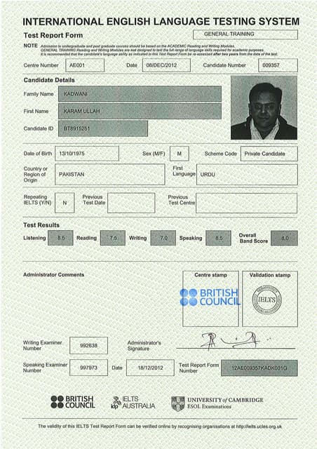 IELTS Test Report Form | PDF