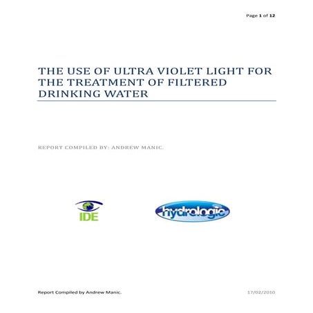 The Use Of Ultra Violet Light For The Treatment Of Filtered Drinking Water