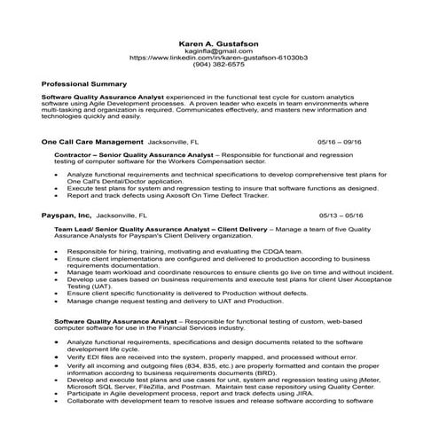 Karen Gustafson, Resume