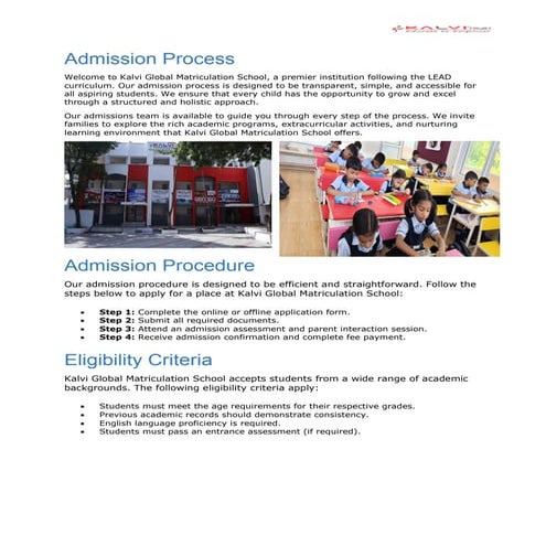 Comprehensive Admission Process at Kalvi Global Matriculation School | PDF