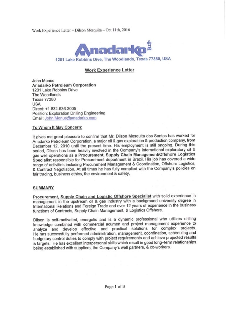 Work Experience Letter Anadarko John Monus
