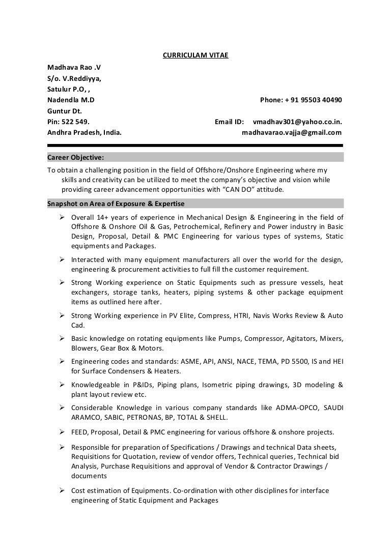 CV for Static & Package Equipment Engineer (PMC) V.M.Rao.