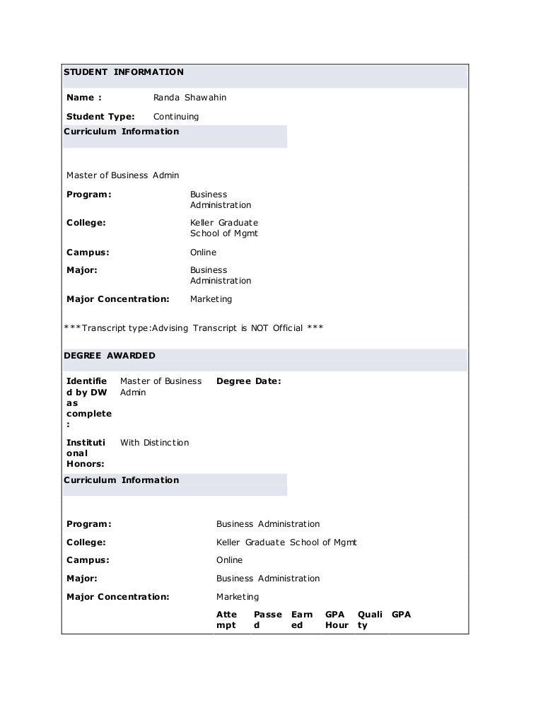 MBA Academic Transcript
