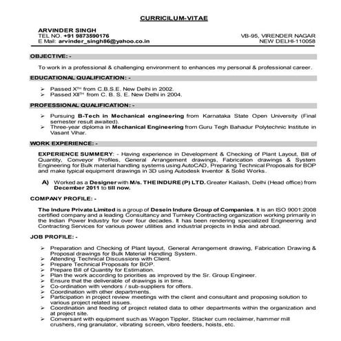 Arvinder Singh CV