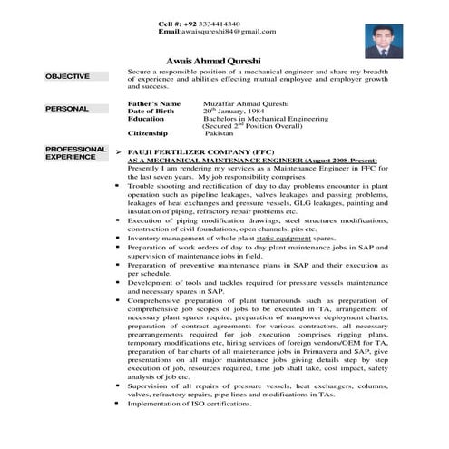 SUPERVISOR CV for ONSHORE and OFFSHORE MECHANICAL, MANTENANCE ...