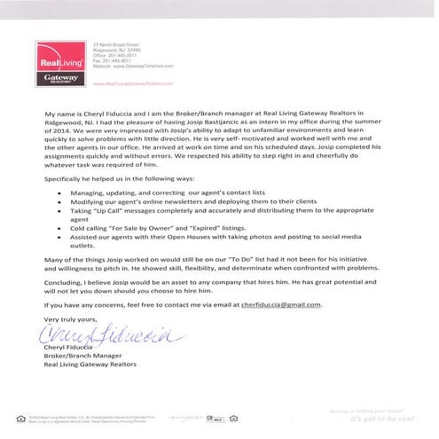 Letter of Recommendation - Real Living Gateway | PDF