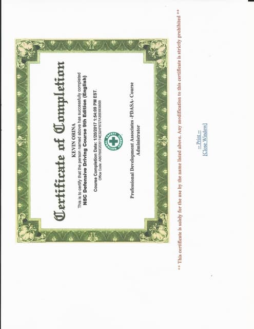 Defensive Driving Course certificate Kevin orina PDF Defensive Driving Course certificate Kevin orina PDF