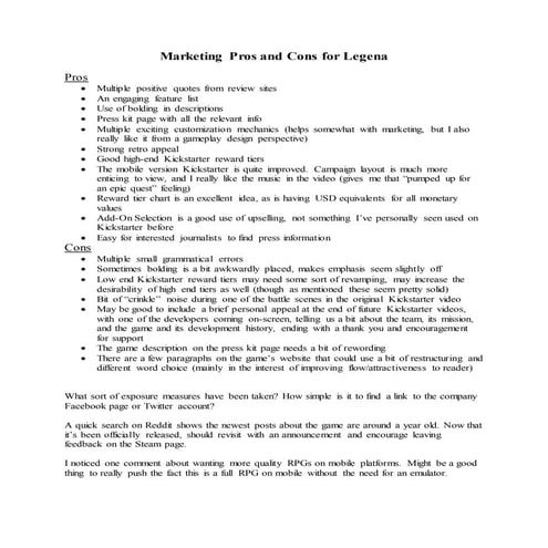 Marketing Pros and Cons for Legena