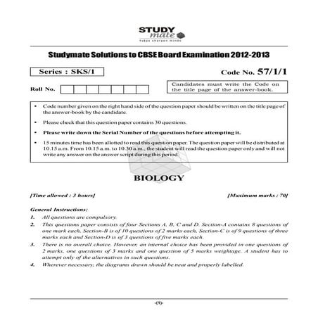 Class 12 Cbse Biology Sample Paper 2012-13 | PDF