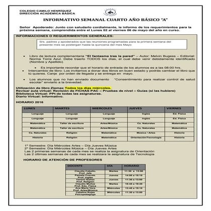 4º básico a  semana 02 abril  al 06 mayo