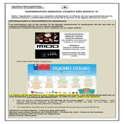 4º básico a  semana  08 de agosto al 12 de agosto.