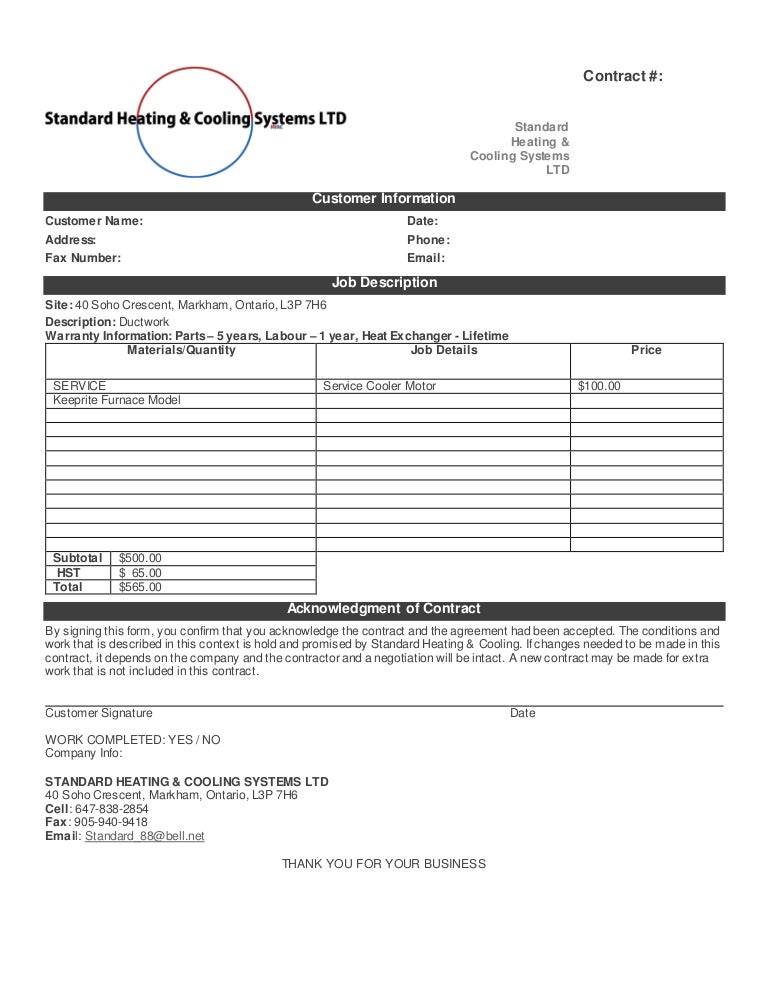 Standard Heating & Cooling Systems Contract