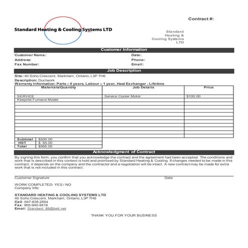 Standard Heating & Cooling Systems Contract | DOCX