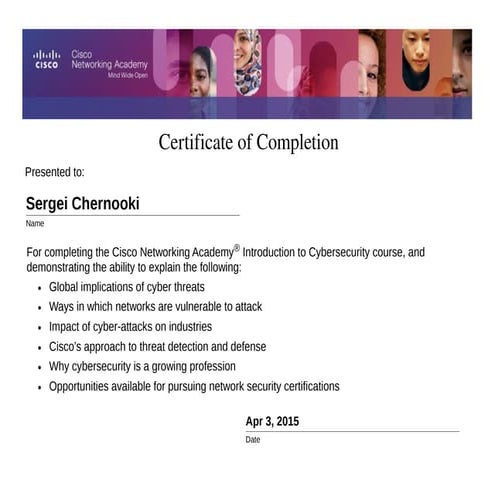 Certificate of Course Completion "Introduction to Cybersecurity ...