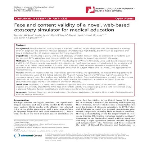 Journal of Otolaryngology-Head and Neck Surgery Face and Content Validity of ...