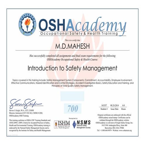 osha management in safety certificate